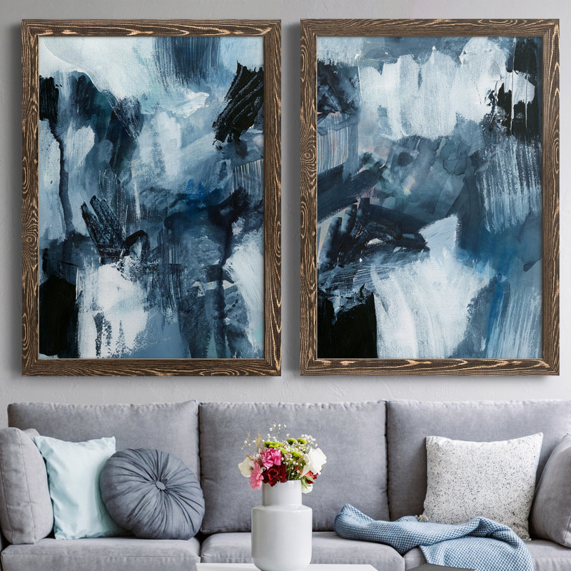 Composition in Blue I - Reproduction d'art sur toile encadrée, Toile avec cadre en noyer, H 31,5 po x l 47 po x P 1,5 po