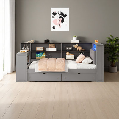 Wood Platform Bed With Storage Shelves, Drawers, Charging Station, LED, Desk And Upholstered Headboard