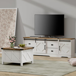 Farmhouse TV Stand And Coffee Table Set Of 2,Entertainment Center For Tvs Up To 85 Inch With Drawers And Adjustable Shelf,White