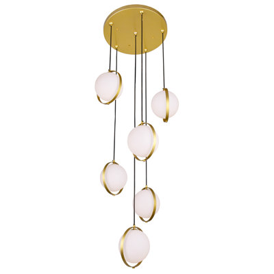 26'' 6-Light Multi Light Pendant with Brass Finish For Stairwell, Entryway, Kitchen – G9 LED Compatible – Frosted Globe Cluster, Contemporary Statement Fixture
