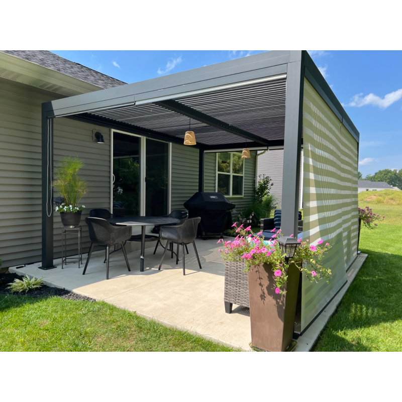 Aluminum Pergola with Roller Shade, 1 Long Side and 2 Short Side, Gray, 14' x 12'