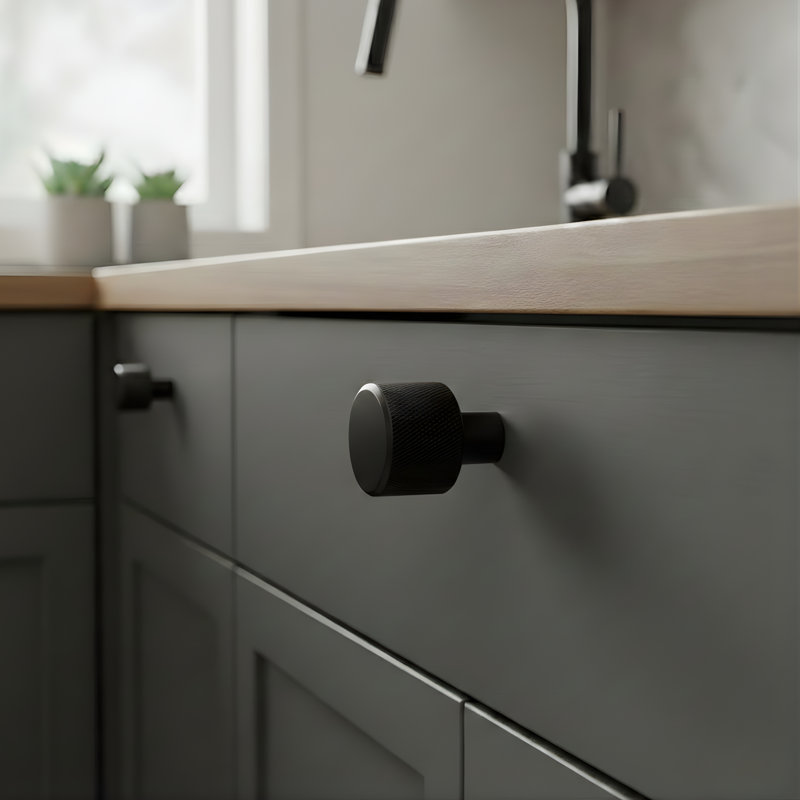 Poignée de meuble ronde moletée ROUS - poignée de tiroir en aluminium massif, finition mate, 1 compte, gris anthracite
