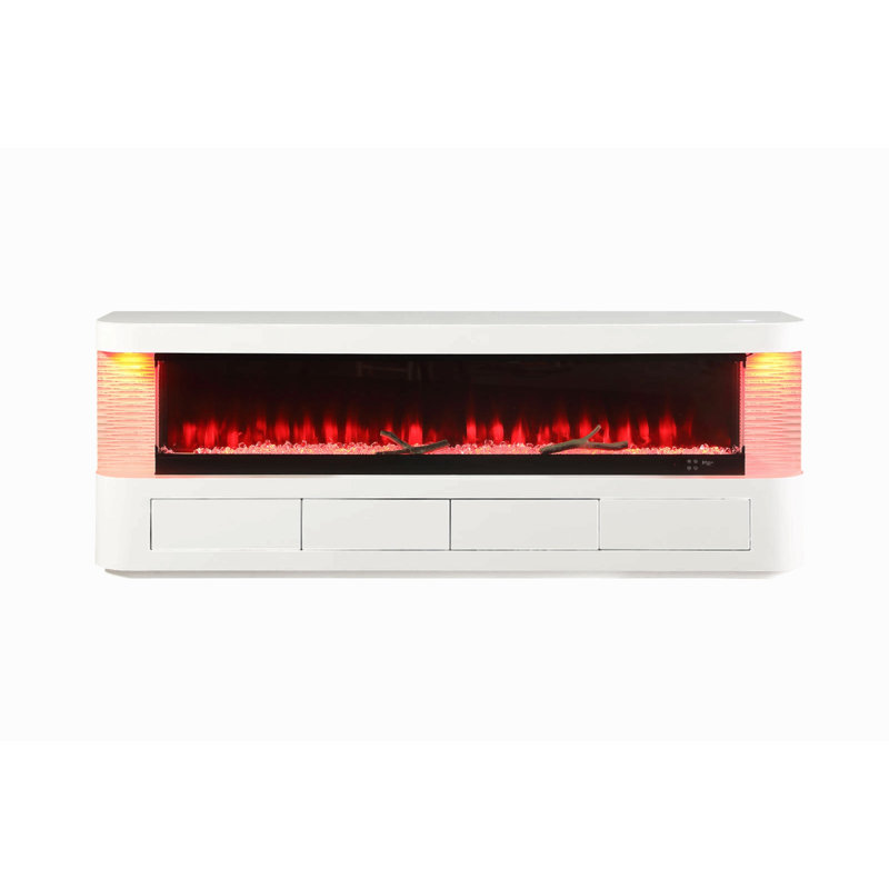 Meuble télé de style contemporain avec foyer électrique à 3 niveaux et boîte à flammes au fini blanc