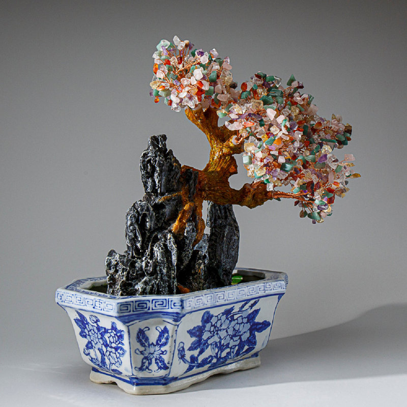 Genuine Multi Gemstone Bonsai Tree in Square Porcelain Pot (13")