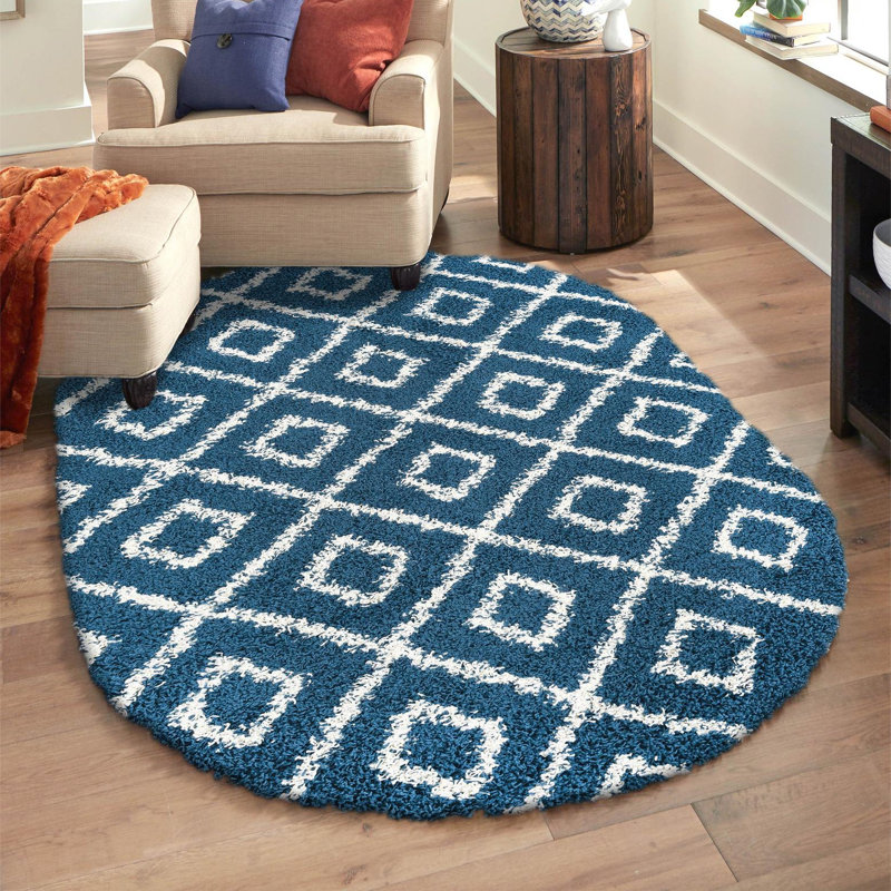 Foundry Select Ruth Trellis Shag Rug Navy Blue, Oval 4' x 6'