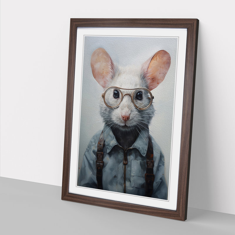 Mouse With Glasses Painting - Single Picture Frame Print on Wood, Walnut, 34cm H x 25cm W x 2cm D