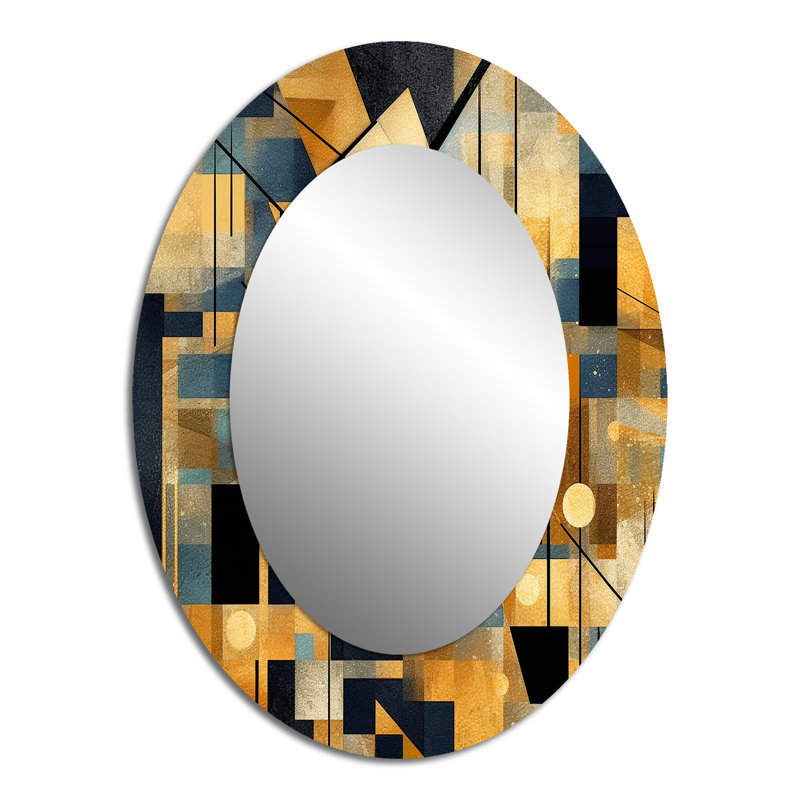 Gold Cubist Visions II - Miroir décoratif abstrait ovale sur métal, 40 po x 30 po