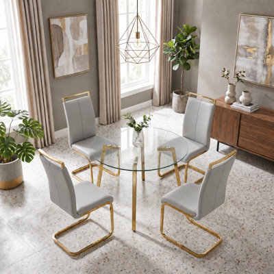 5-Piece Modern Round Tempered Glass Dining Set with Cantilever Chairs