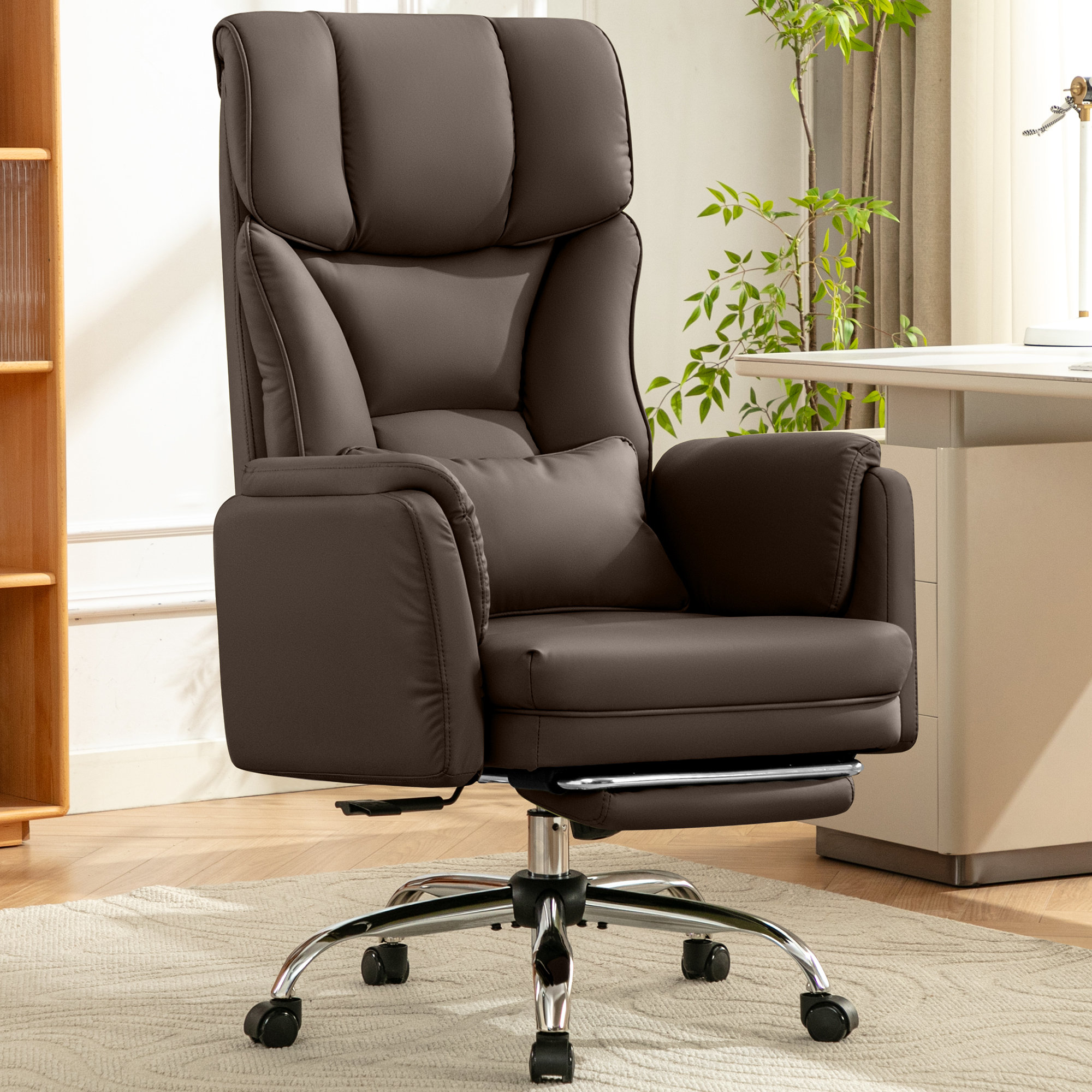 Office chair with high back and fold flat arms in dark brown