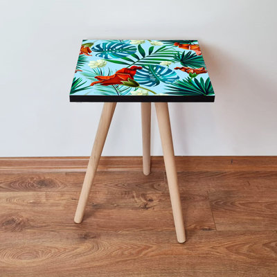 Modern Side Table with Beech Wood Legs, 13.8 x 16.5 x 13.8 inches | 100% MDF Construction, Thickness: 0.7 inches | Stylish Floral Design, Perfect for Living Room & Bedroom Decor, Durable & Elegant