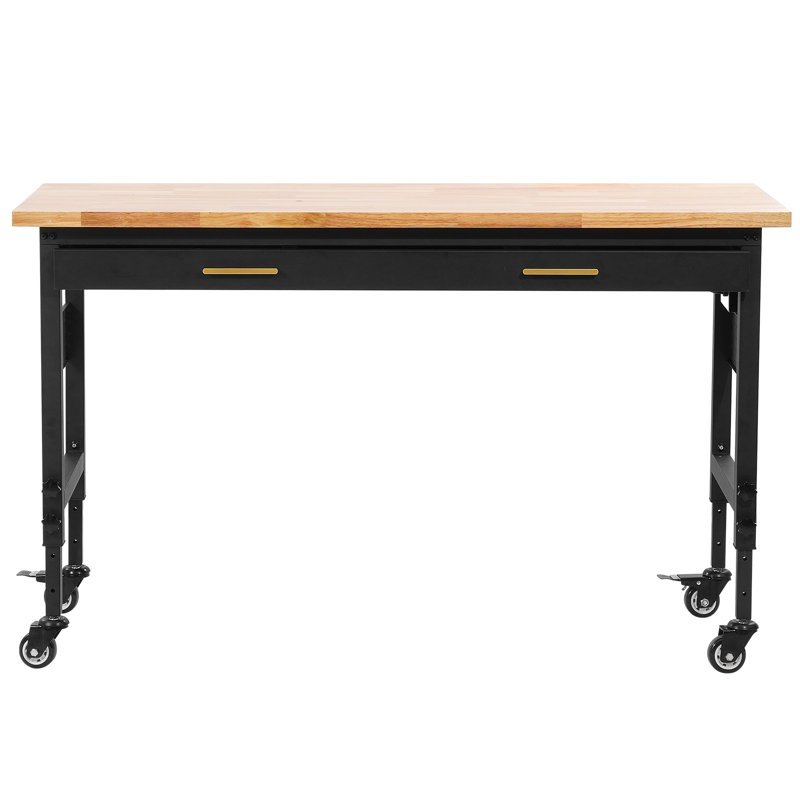 Adjustable Height Wood Workbench with Metal Frame and Power Outlets