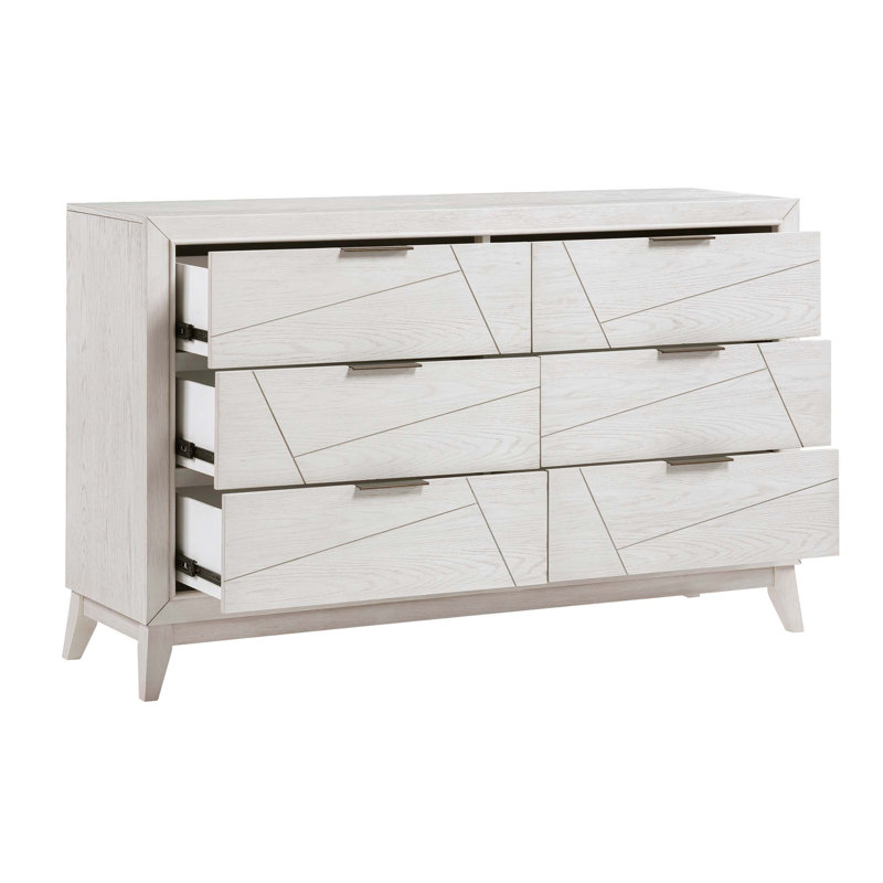 Commode moderne moderne à finition blanche antique avec 6 tiroirs spacieux en queue d'aronde pour un rangement élégant dans la chambre à coucher