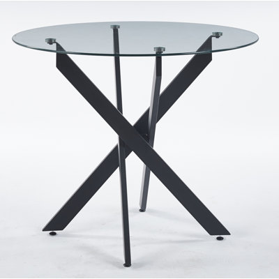 Black Dining Table With Cross Metal Leg And Tempered Glass,Modern Space Saving Kitchen Table For Living Room