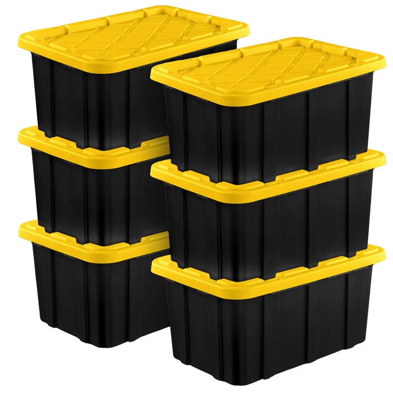 Sterilite 17 Gallon Industrial Stackable Storage Tote Lidded Containers, 6 Pack, 17 Gallon, 6 Pack, Black/Yellow