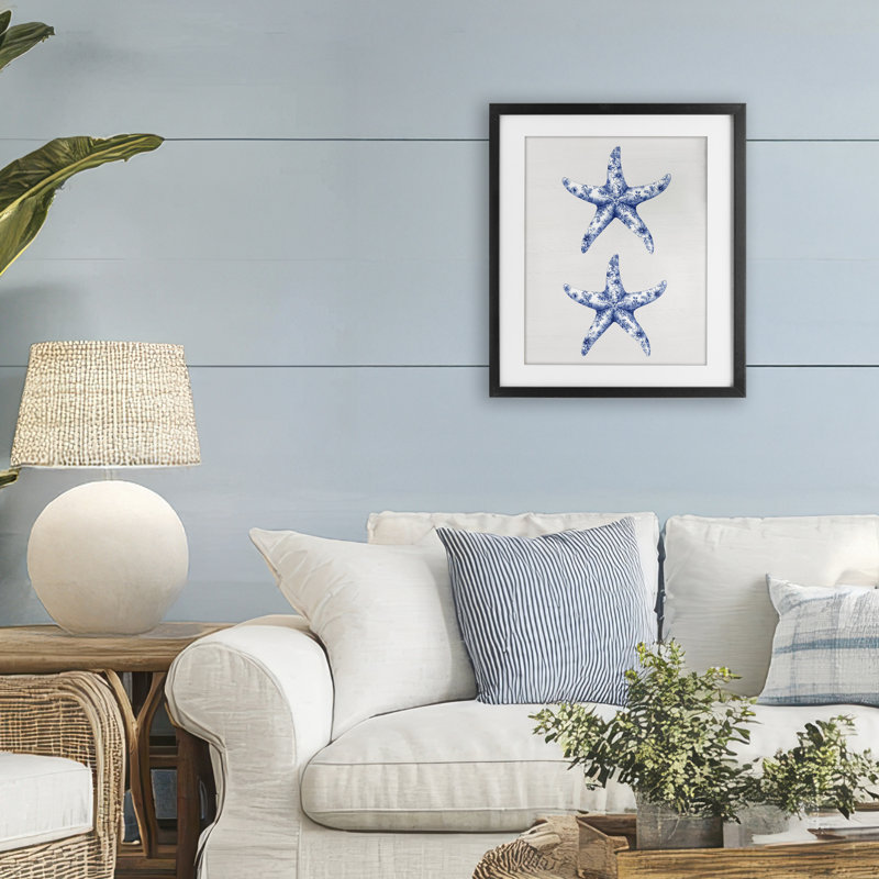 Toile rétro avec étoile de mer, impression encadrée sous verre, design avec lettres et doublure, Cadre noir minuit