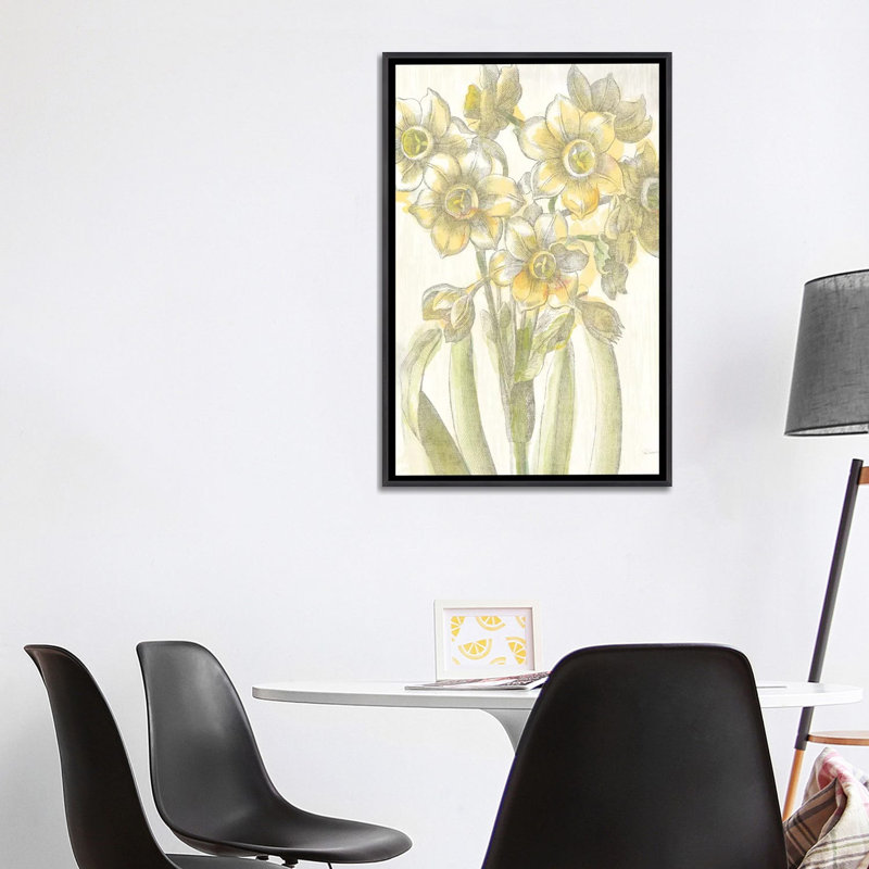 «Belle Fleur Jaune IV» par Sue Schlabach - reproduction imprimée, H 40 po x l 26 po x P 1,5 po, Toile avec cadre noir patiné