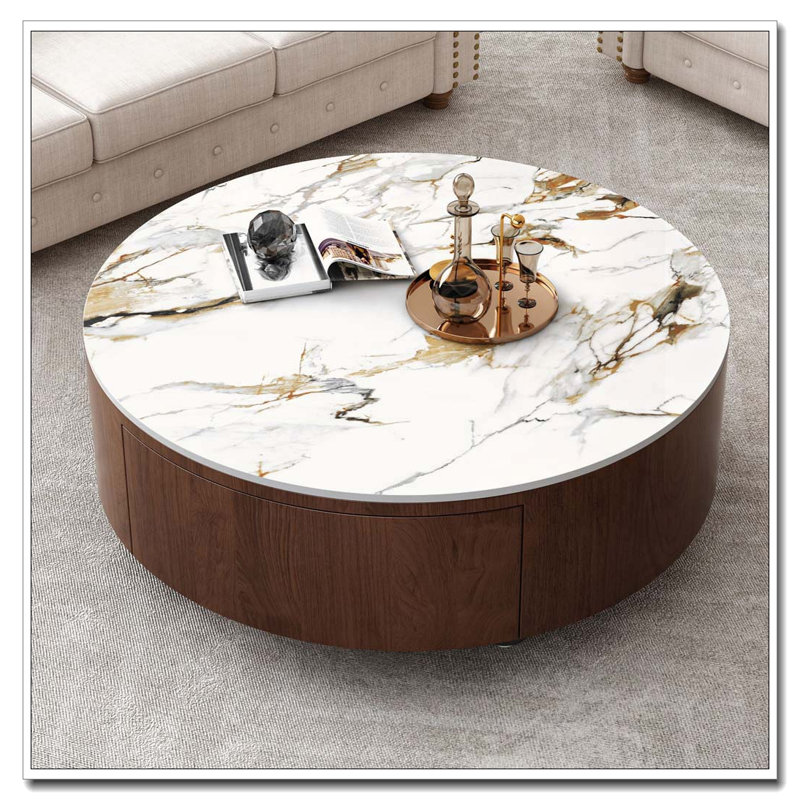 Table basse ronde en bois avec plateau en faux marbre