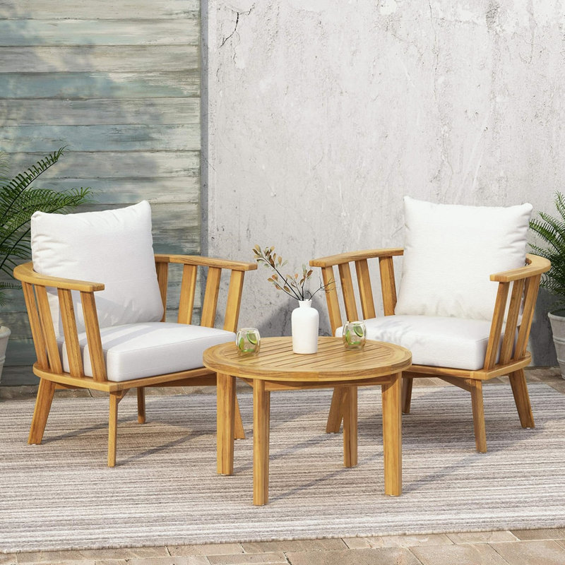 Ensemble de meubles de patio en bois 3 pièces avec table basse ronde