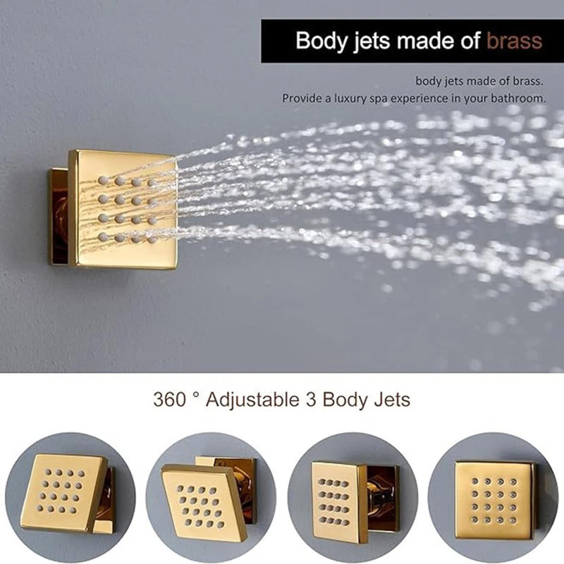 Système de douche à pluie 12 lumières à DEL de 12 pouces avec 6 jets de corps, douche à main en laiton massif et valve thermostatique
