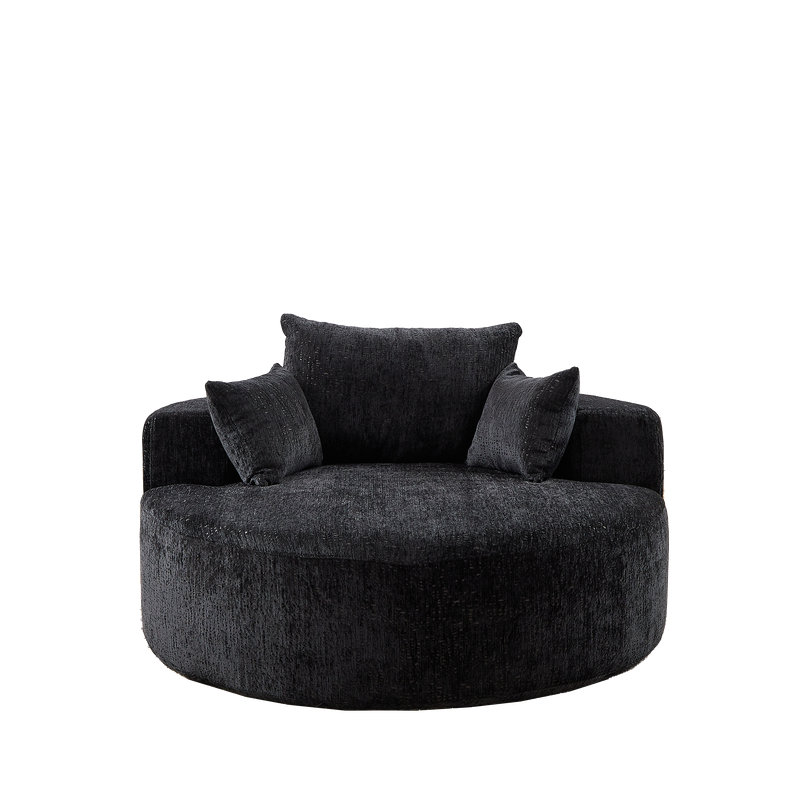 Modern Oversized Round Chenille Lounge Chair with Matching Back Pillow, Black