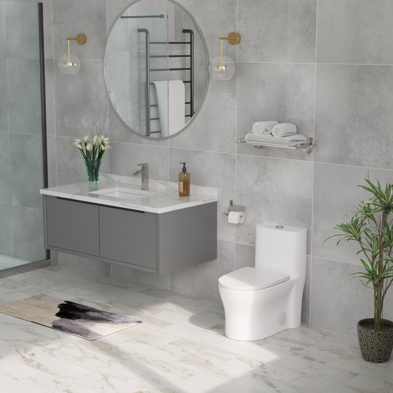 Toilette allongée une pièce 18 po à hauteur de confort standard et double chasse avec surface vitrée (siège à fermeture en douceur inclus)