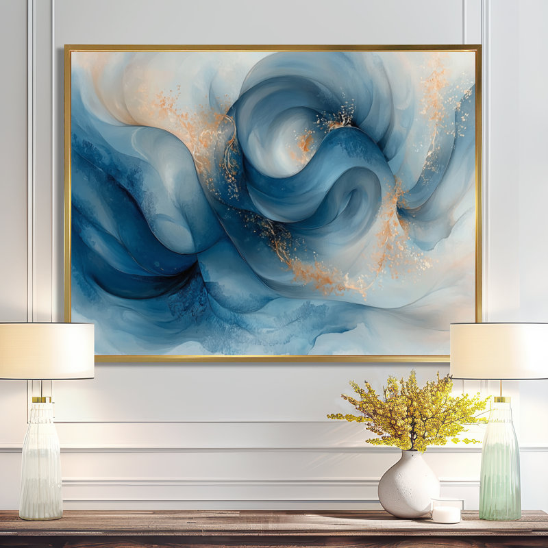 Orasio fluide fondations de quartzite I - art mural abstrait en marbre pour le salon, H 12 po x l 20 po, Avec cadre, Doré