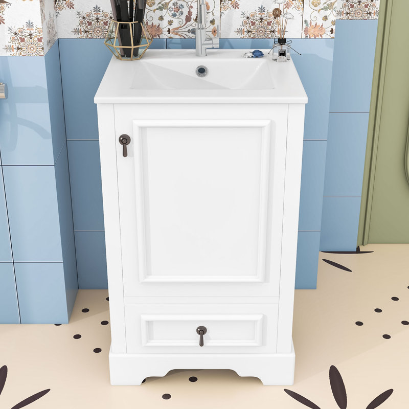 Meuble-lavabo Farmhouse avec lavabo en céramique, tiroir, porte à fermeture en douceur et tablette réglable, Blanc