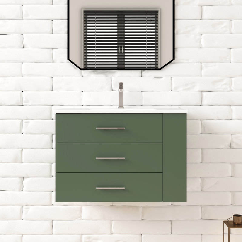 Aurilla 30 in. Single Sink Wallmount Bath Vanity with White Ceramic Countertop in Forest Green with Right Side Shelf, Green