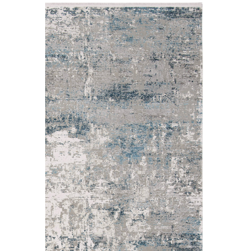 Tapis abstrait cuivré et viscose Cuccia 700 en bleu sarcelle / gris, Rectangle 6 pi x 9 pi