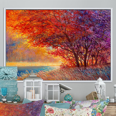 «Lake On Autumn Orange Maple Forest», reproduction sur toile flottante