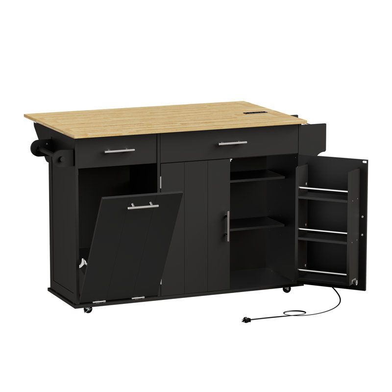 Rolling Kitchen Island With Power Outlet & Drop Leaf, Mobile Kitchen Island Cart With Tilt-Out Trash Can Storage, Spice Rack & Towel Rack And Adjustable Shelf