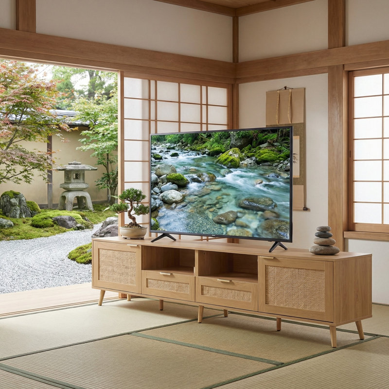 Meuble télé 78,8 po, console multimédia avec pieds en bois massif, 2 armoires de rangement et tablettes ouvertes pour cinéma maison