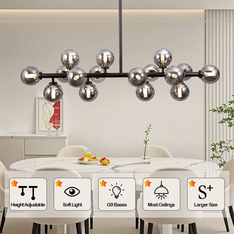 16-Light Mid Century Modern Chandelier: 40" Black Linear Sputnik Chandeliers – Smoky Gray Glass Globe Dining Room Light Fixture – Long Modern Pendant Chandelier for Living Room Kitchen Island Table
