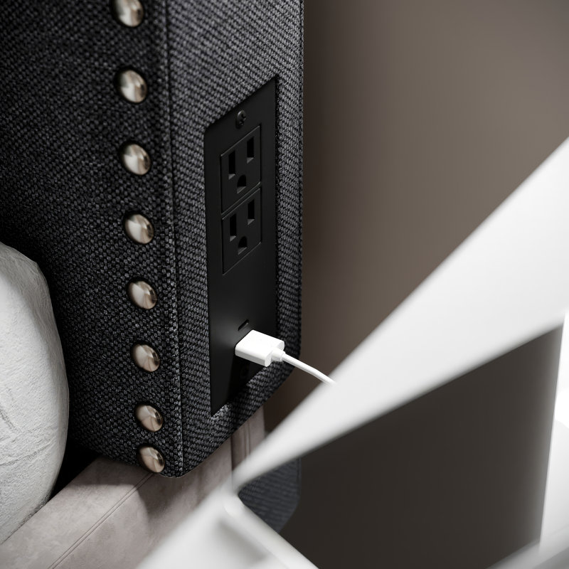 Contoured Headboard With 2 Power Outlets, 1 USB And 1 USB-C Port, Grey