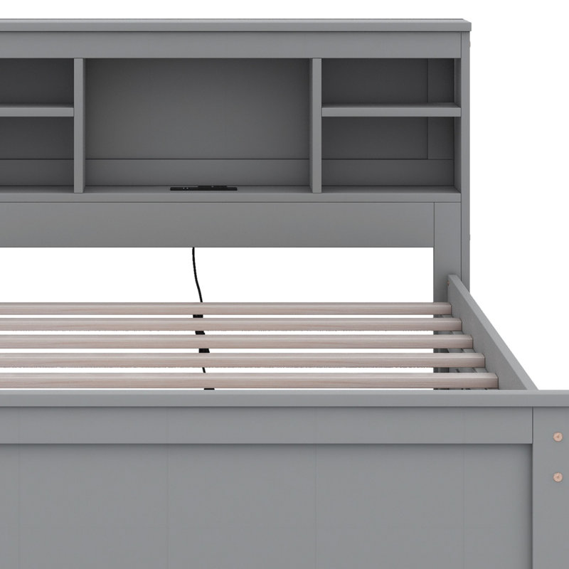 Lit plateforme avec tête de lit, USB, lit gigogne et 3 tiroirs, Gris, Lit simple