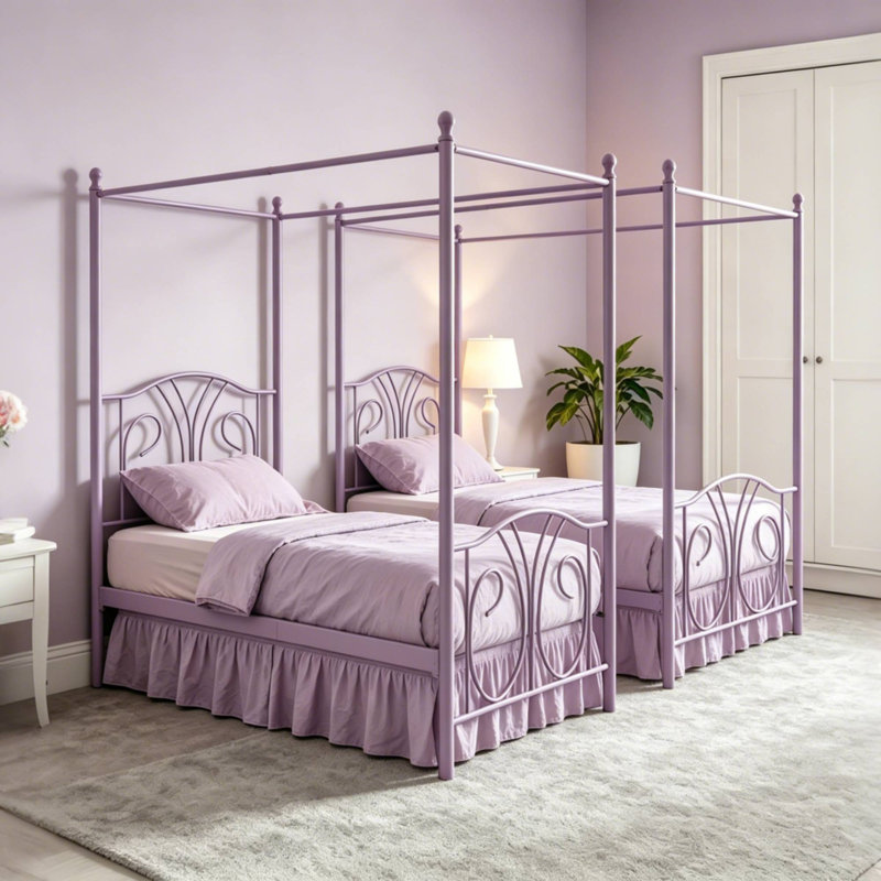 Ensemble de 2 cadres de lit à baldaquin en métal avec tête de lit et rangement, base de lit pour enfant moderne, Purple