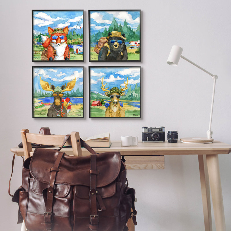 «Happy Camper Woodland Animals» par Paul Brent - Ensemble de 4 peintures sur bois, H 34 po x l 34 po x P 1,5 po