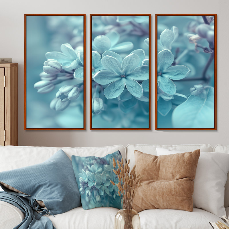 Ensemble de salon art mural lilas bleu et blanc, H 28 po x l 36 po x P 1 po, Toile avec cadre flottant brun