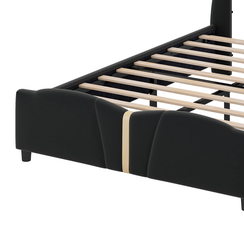 Structure de lit rembourrée en similicuir, avec tête et pied de lit en forme de papillon, Noir, Grand