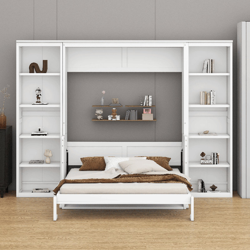 Lit escamotable double en bois avec bureau et tablettes, lit escamotable peu encombrant
