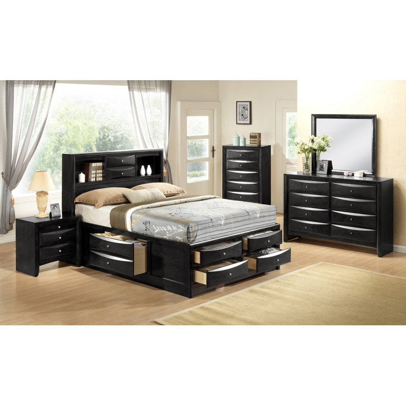 Ensemble de chambre avec grand lit 6 pièces: lit, commode, miroir, 2 tables de chevet, commode, Noir, Grand