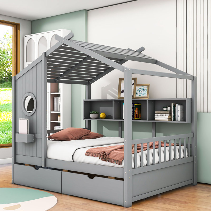 Bitner Two Drawers House Wooden Daybed with Shelves, Gray, Full 