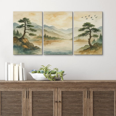 Watercolor Mountain Lake Pines & Flying Birds Scenery Pictures Framed Canvas Print 3 Pieces Wall Art
