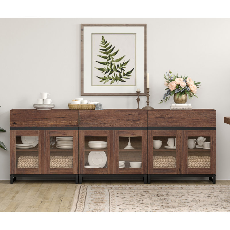 3 In 1 Multifunctional Sideboard Buffet Cabinets With 6 Glass Doors And 3 Drawers, Modern Sideboard Credenza With Metal Base, Coffee Bar Storage Cabinet For Living Room, Kitchen