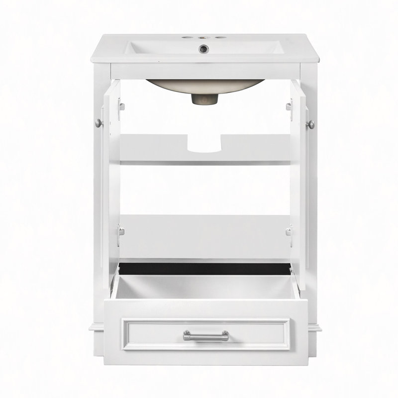 Meuble-lavabo 24 po avec lavabo en céramique, armoire de rangement autoportante avec poignées argentées, portes à fermeture douce