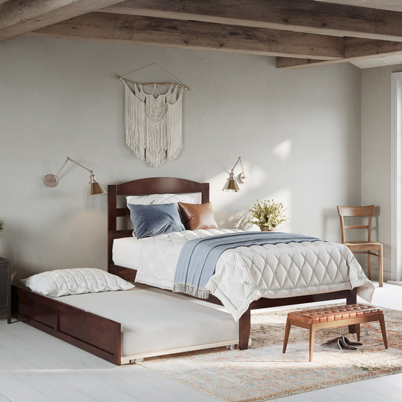 Elliana Solid Wood Platform Bed with Trundle, Twin, Walnut