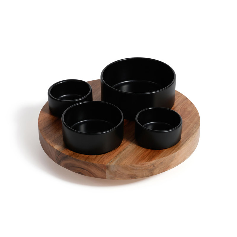 Plateau tournant en bois d'acacia avec 4 bols à condiments