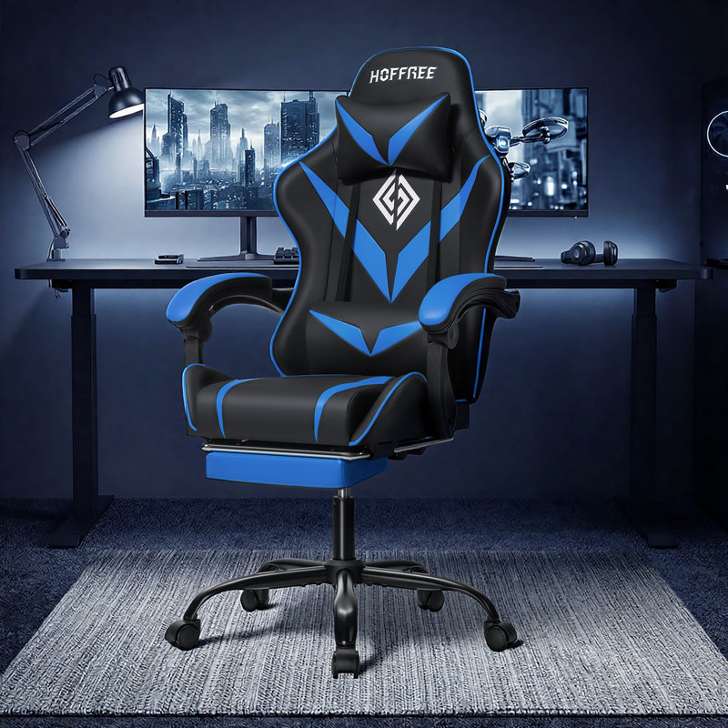 Hoffree Ergonomic Gaming Desk Chair with Vibration Lumbar Pillow for Teens, Blue/Black