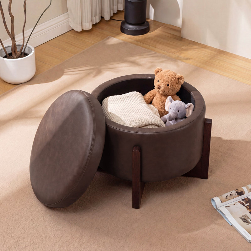  Faux Leather Upholstered Round Ottoman with Storage, Dark Brown