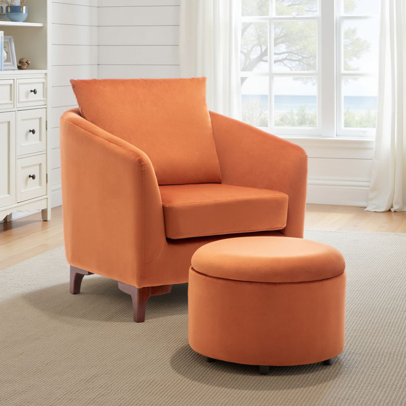 Upholstered Barrel Chair with Footstool, Orange Velvet
